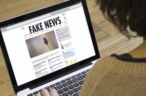 Uma pessoa usando o notebook. Na tela, conteúdos sobre fake news.