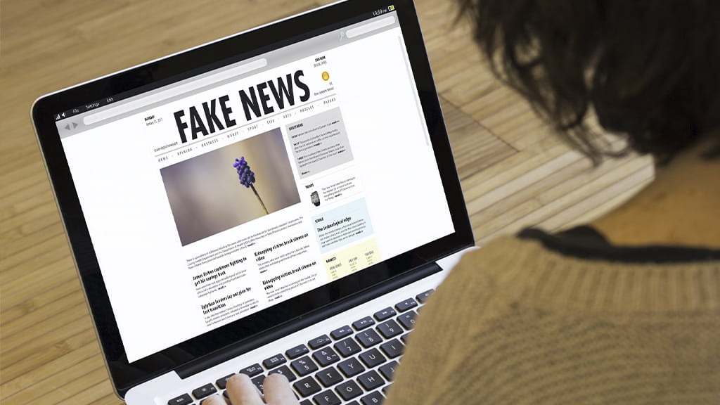 Uma pessoa usando o notebook. Na tela, conteúdos sobre fake news.