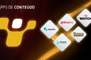 O símbolo da Desktop e cinco aplicativos de conteúdo que o usuário pode ter ao ser cliente da Desktop Internet. Entre os apps tem Skeelo, Skeelo Minibooks, Globoplay, Desktop Comics e Watch.