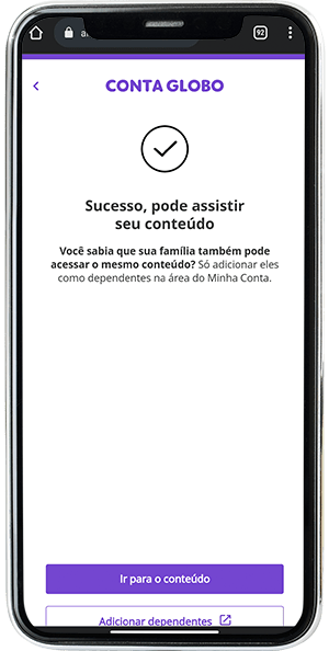 Imagem da tela de cadastro dos Canais Globo referente ao passo 10 do processo de cadastro via dispositivo IOS