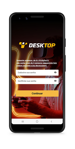 Tela do celular para cadastro da senha do aplicativo da Desktop. O usuário deve digitar uma senha de 6 a 10 dígitos e depois repetir a senha para confirmar o acesso