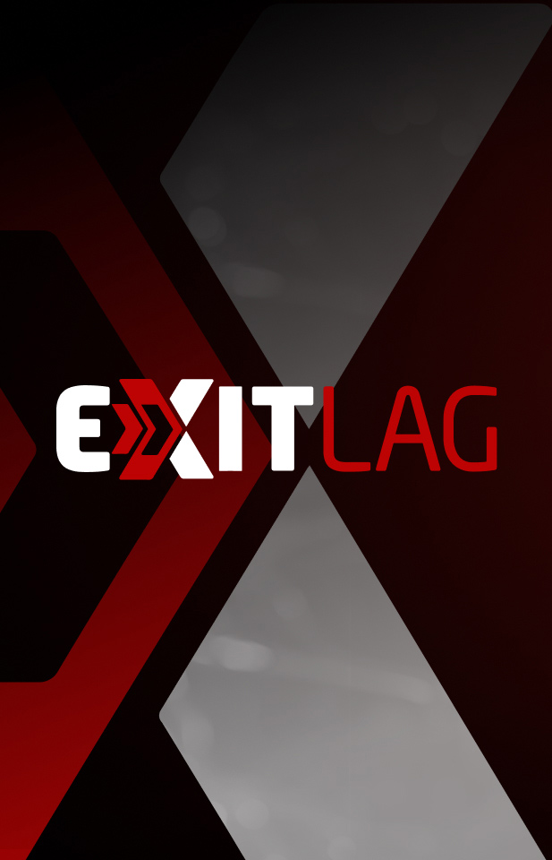 Na imagem, ao funo, um X grande, representando o X do ExitLag. Uma parte do X está em vermelhor e a outra em branco. À frente, a palavra ExitLag. As letras estão em maiúsculo, com destaque para o Exit em branco, sendo que o X também está dividido entre metade vermelho e metade branco. E o resto da palavra, Lag, em vermelho. O fundo da imagem está desfocado puxando para um tom de vermelho e preto.